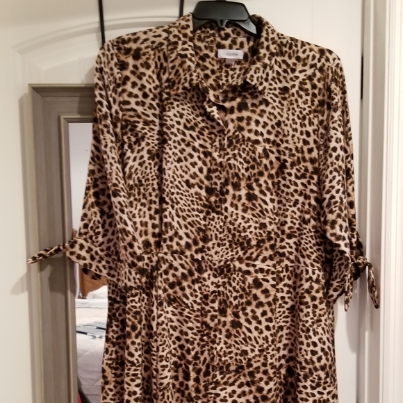 Calvin Klein Animal Cheetah Print Dress Sz 16w Tie Sleeves - Picture 1 of 6